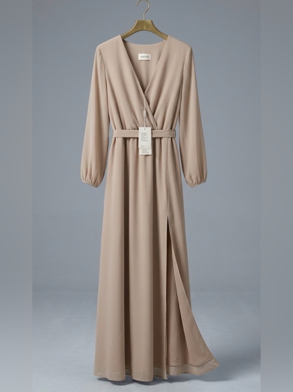 Beige Long Sleeve Maxi Wrap Dress with Belt